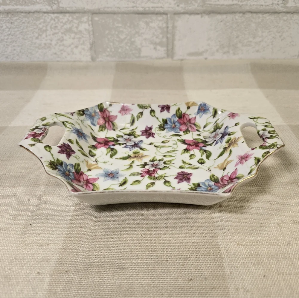 Vintage Porcelain Hand Painted Floral Small Trinket Vanity Tray Dish X 2